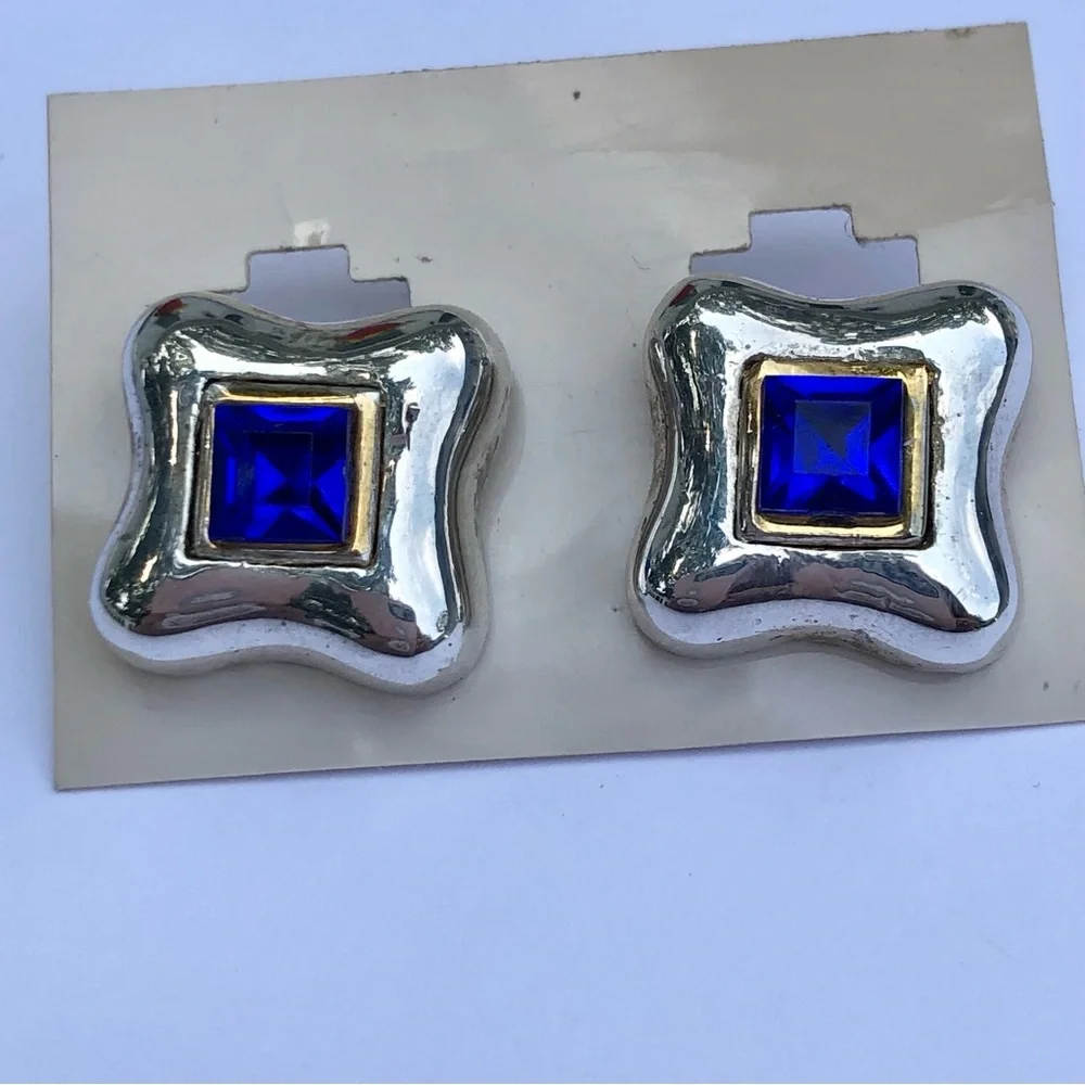Clip on earrings Royal Blue emerald cut polished silver rounded square colbalt - Picture 2 of 5